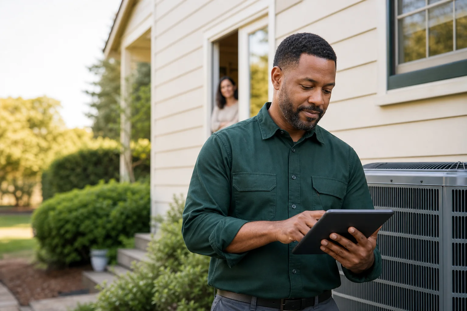 A home-service professional documenting completed HVAC work