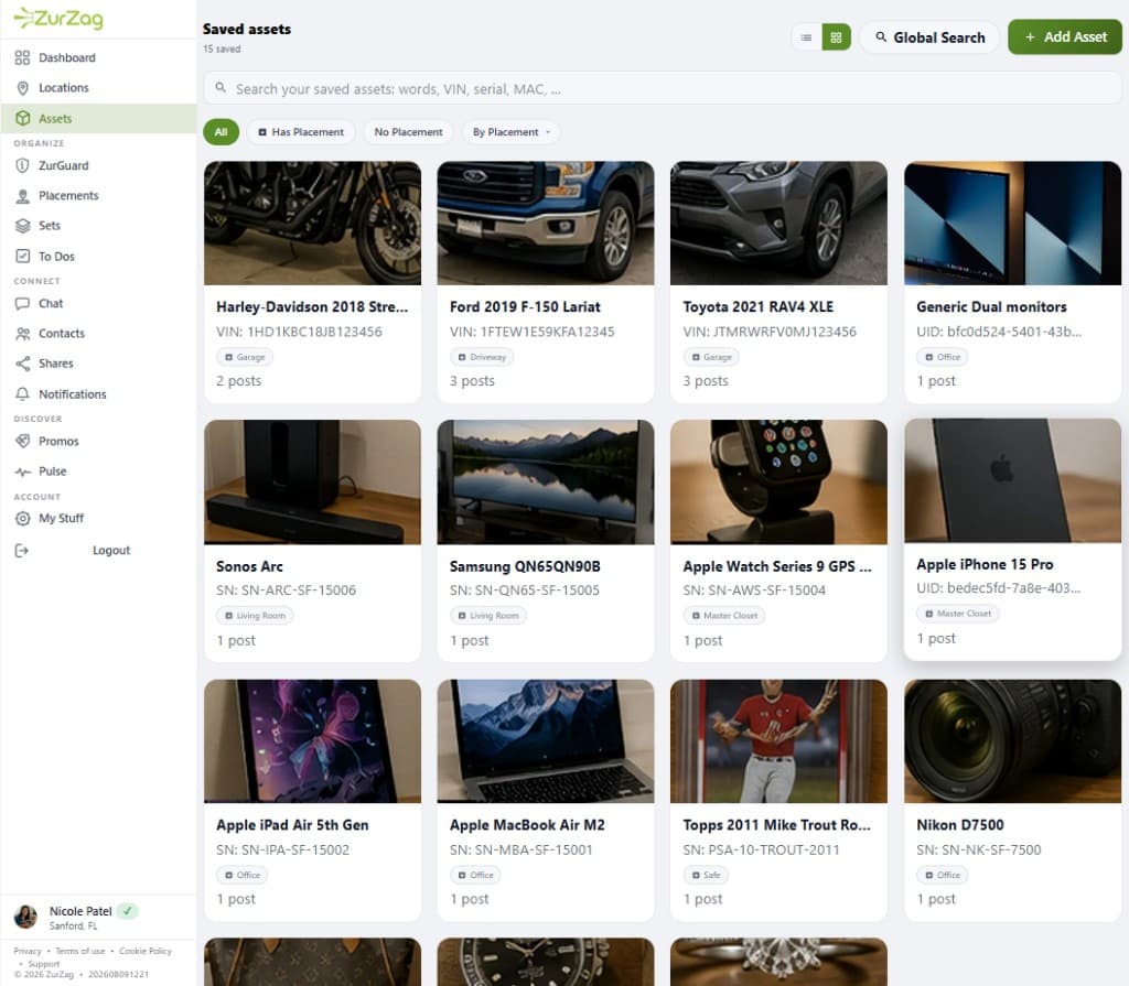 A visual library of saved assets including vehicles, electronics, and collectibles