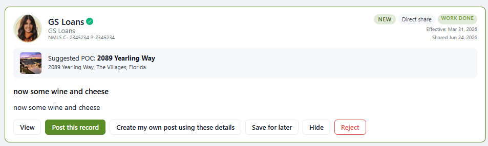 A business-contributed work record with review controls