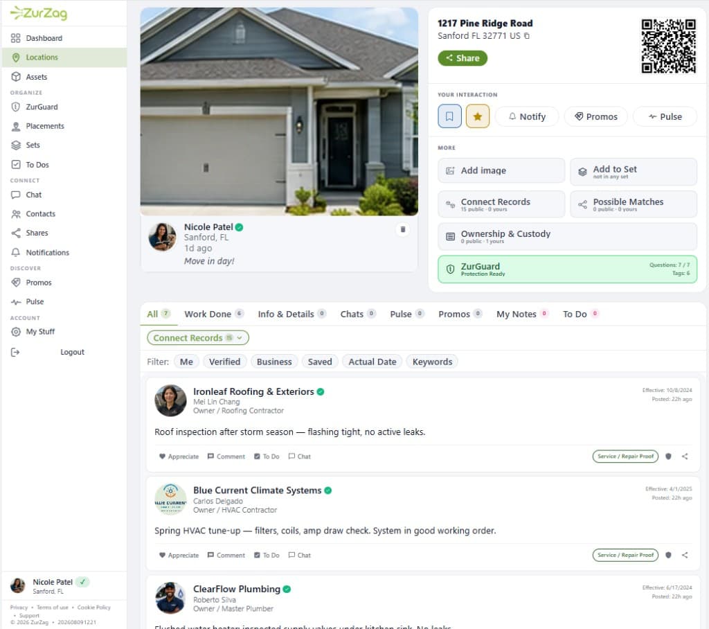 A home location record with photos, work history, and ZurGuard status