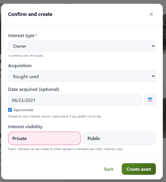 Asset creation screen with date acquired and private or public visibility options